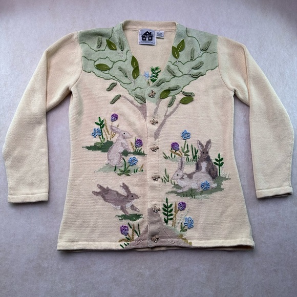 Storybook Knits Sweaters - Storybook Knits Cream Cardigan with Green Leaf Appliqué Story Book Knits S